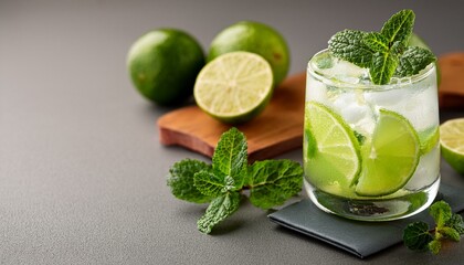 Fototapeta premium Brazilian limeade presentation with fresh mint and lime on a grey backdrop