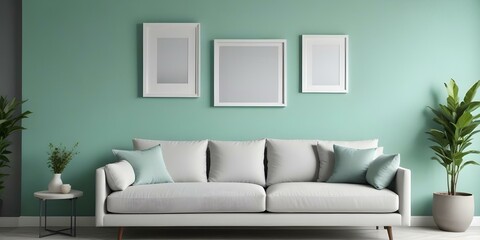 A modern living room with a gray sofa, white and gray throw pillows, and three empty white frames on a mint green wall.