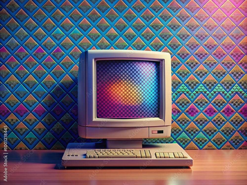 Poster retro computer desktop featuring a nostalgic gradient wallpaper with pixelated patterns, icons, and 