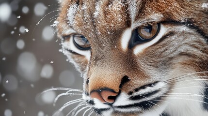 Obraz premium Close-Up of Lynx Face with Snowflakes Falling