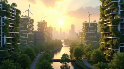 Obraz premium Generative AI, a city with a lot of trees growing on it's sides and buildings in the background with a sun setting, solarpunk, a digital rendering, futurism 
