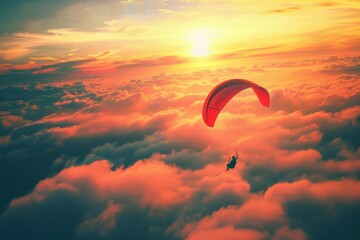 A lone paraglider with a red canopy floats through a golden sunset sky above a sea of clouds, evoking freedom and tranquility.