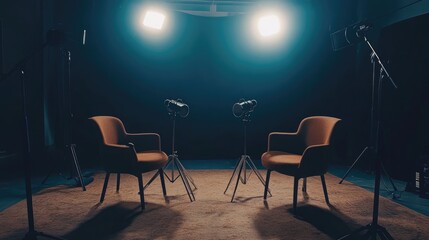 Cozy podcast studio with two chairs, illuminated by soft spotlights against a dark backdrop, microphones ready for an engaging interview or discussion