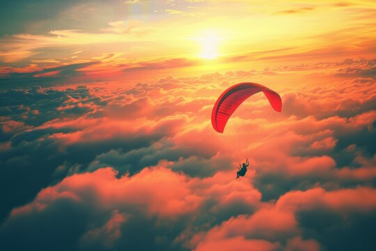 A lone paraglider with a red canopy floats through a golden sunset sky above a sea of clouds, evoking freedom and tranquility.