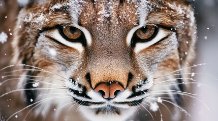 Obraz premium Close-Up of Lynx Face with Snowflakes