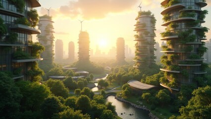 Obraz premium Generative AI, a city with a lot of trees growing on it's sides and buildings in the background with a sun setting, solarpunk, a digital rendering, futurism 