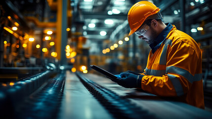 Factory Worker Using Tablet for Technological Supervision and Quality Control in Industrial Plant at Night, Modern Industry, Safety Gear, Reflective Uniform, Production Line, Efficiency and Precision