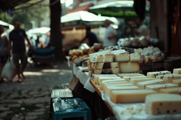 A vibrantly lit outdoor market scene showcasing an array of cheeses and crowded with busy shoppers browsing various food stalls.