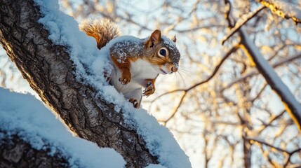 Squirrel Climbing Snow-Covered Tree Branch
