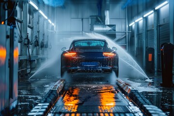 Modern blue car is getting a touchless wash in a service center, with water spraying from all angles