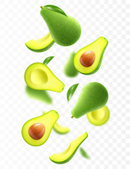 Flying ripe fresh avocado. Bright advertising background falling juicy fruit avocado. Realistic illustration with blurred effect. 3d vector design for advertising banners and web page design