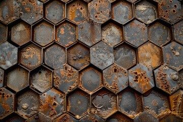 Detailed view of rusty hexagonal plates, showcasing the vibrant textures and intricate decay patterns with earthy tones.