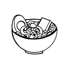 A black-and-white illustration of a ramen bowl filled with noodles, tofu, and a boiled egg, representing traditional Asian cuisine.