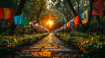 Pathway with International Flags at Sunset Promoting Global Sustainable Development and Unity in a Park Setting