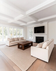 Bright and airy living room with contemporary furniture and warm wood accents decorated for a cozy atmosphere