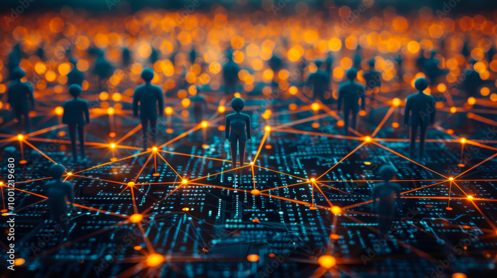 Poster business networking concept with connected figurines on digital network grid, simulating collaborati