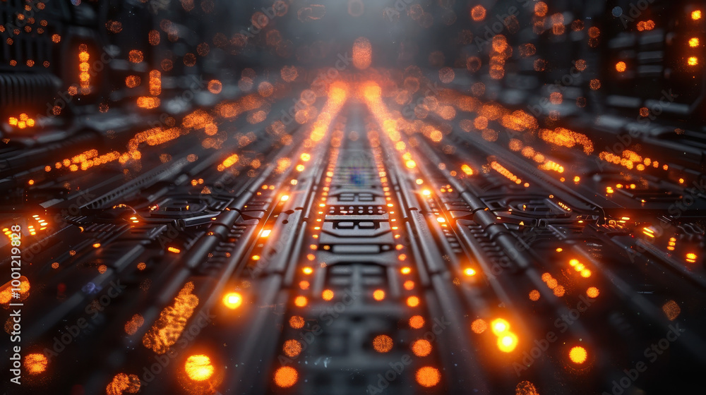 Poster futuristic circuit board with glowing orange lights in a high-tech digital environment, symbolizing 