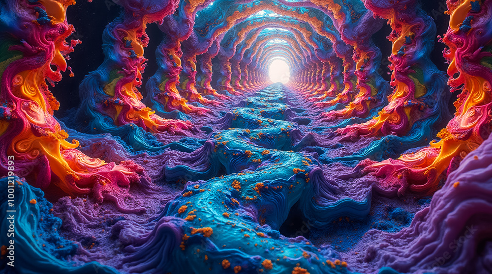 Poster colorful fractal patterns entwine and flow, creating a mesmerizing tunnel of vivid hues. the swirlin