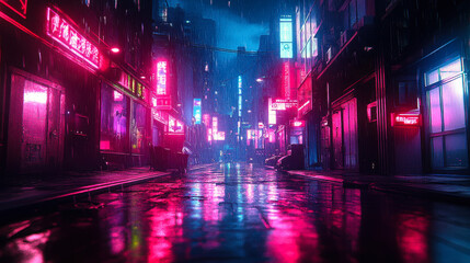 Obraz premium Cyberpunk City Street at Night with Neon Lights, Gloomy Rainy Alley, Futuristic Urban Scene, Dark Atmosphere, Sci-Fi Dystopian Setting, Neon Reflections on Wet Pavement