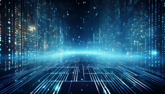 Digital glowing binary code matrix background representing scientific technology data of binary code transmission and network connectivity concept