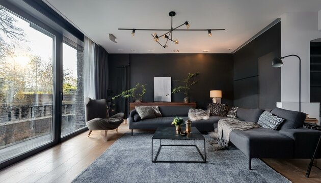 Elegant, dark-themed living room interior with space for customization