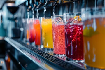 Several glasses are filling up with colorful beverages from a modern dispenser machine in a bar