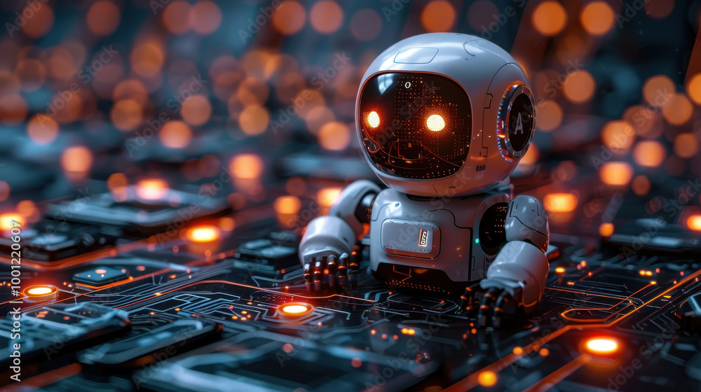 Poster futuristic ai robot on circuit board with glowing leds, artificial intelligence at work in technolog