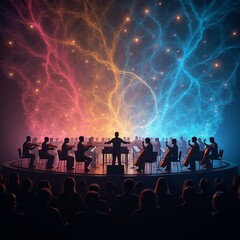 Symphonic orchestra music generated by Artificial Intelligence. Abstract illustration with vibrant colors . Dynamic connection between sound and waving neural pathways. 