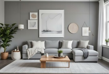 A modern living room with a large white framed artwork hanging on a gray wooden wall. The room features a comfortable gray sectional sofa.