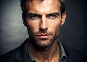 Fototapeta premium Ruggedly handsome male face with strong jawline and defined facial features, adorned with a thick, dark five o'clock
