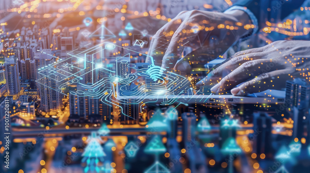 Aufkleber futuristic software development and iot integration in smart city concept with hands typing on lapto