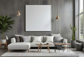 A modern living room with a large white framed artwork hanging on a gray wooden wall. The room features a comfortable gray sectional sofa.