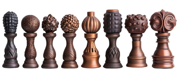 a group of wooden chess pieces. 