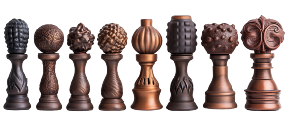 a group of wooden chess pieces. 