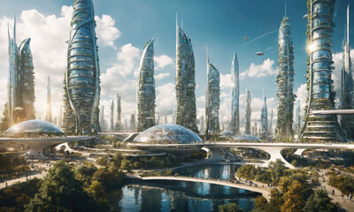 A futuristic city with tall, slender buildings and a large, domed structure