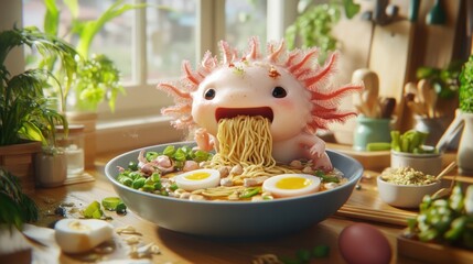Cute Axolotl Eating Noodles