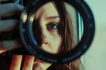 A woman peers through a camera lens, focusing intently on capturing the perfect shot, embodying the passion and pursuit of photography in a captivating portrait.