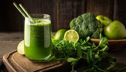 Fototapeta premium Fresh green juice displayed on a rustic background
