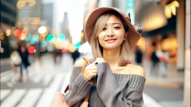 Japanese woman with blonde hair and urban fashion