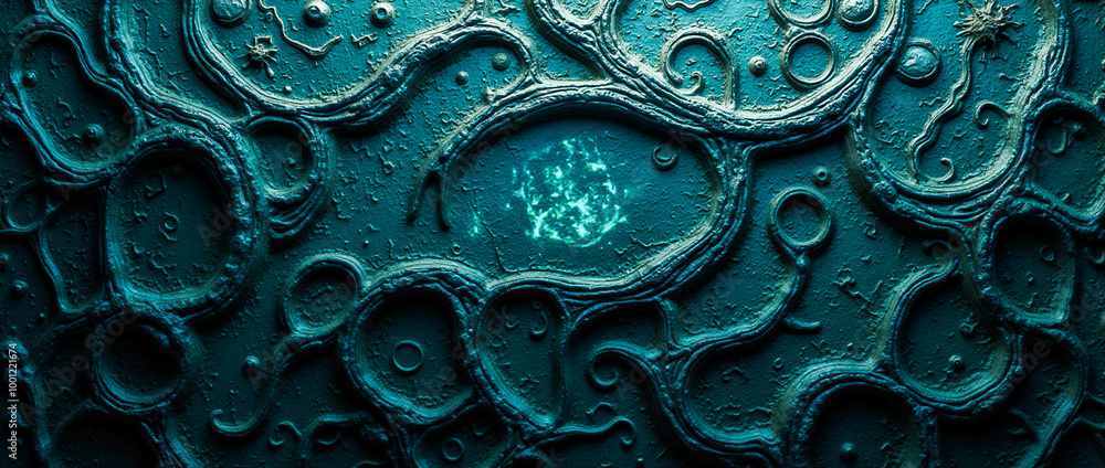 Poster this artwork features a textured background that merges organic forms with advanced technology, crea