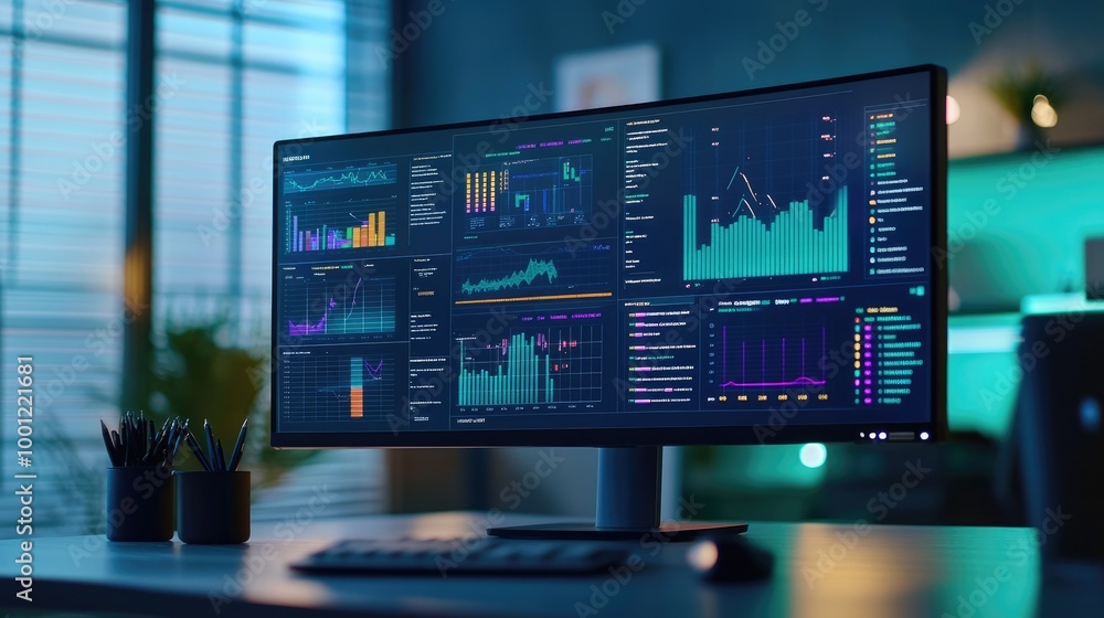 Poster data analyst's workspace with a monitor displaying vibrant data visualizations, charts, and statisti