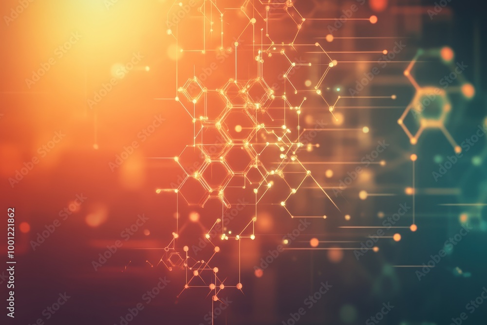 Poster abstract illustration of molecular structures and chemical connections with a warm orange glow in a 