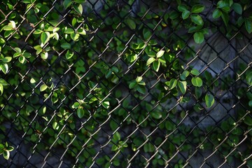 Fototapeta premium Green leaves are growing on a chain link fence, creating an interesting contrast of nature and urban design