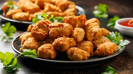 Homemade crispy fried chicken nuggets served with ketchup