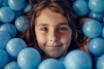 Naklejka premium Smiling girl lying in blue plastic balls, exuding delight and innocence, immersed in a playful environment.