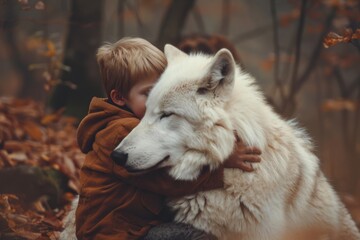 Obraz premium A young boy, bundled in a brown jacket, shares a heartfelt hug with a white wolf in a serene autumnal forest setting.