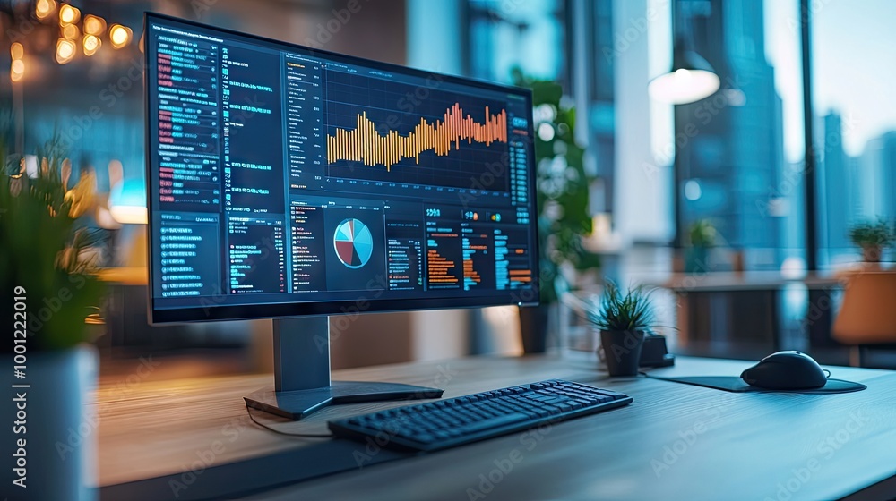 Poster data analyst's workspace with a monitor displaying vibrant data visualizations, charts, and statisti