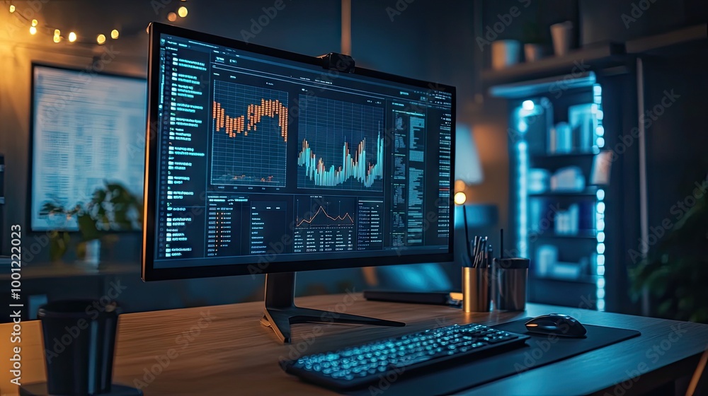 Poster data analyst's workspace with a monitor displaying vibrant data visualizations, charts, and statisti