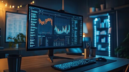 Naklejka premium Data analyst's workspace with a monitor displaying vibrant data visualizations, charts, and statistics. Insights into business performance.