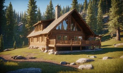 A cozy log cabin nestled in the woods on a sunny day